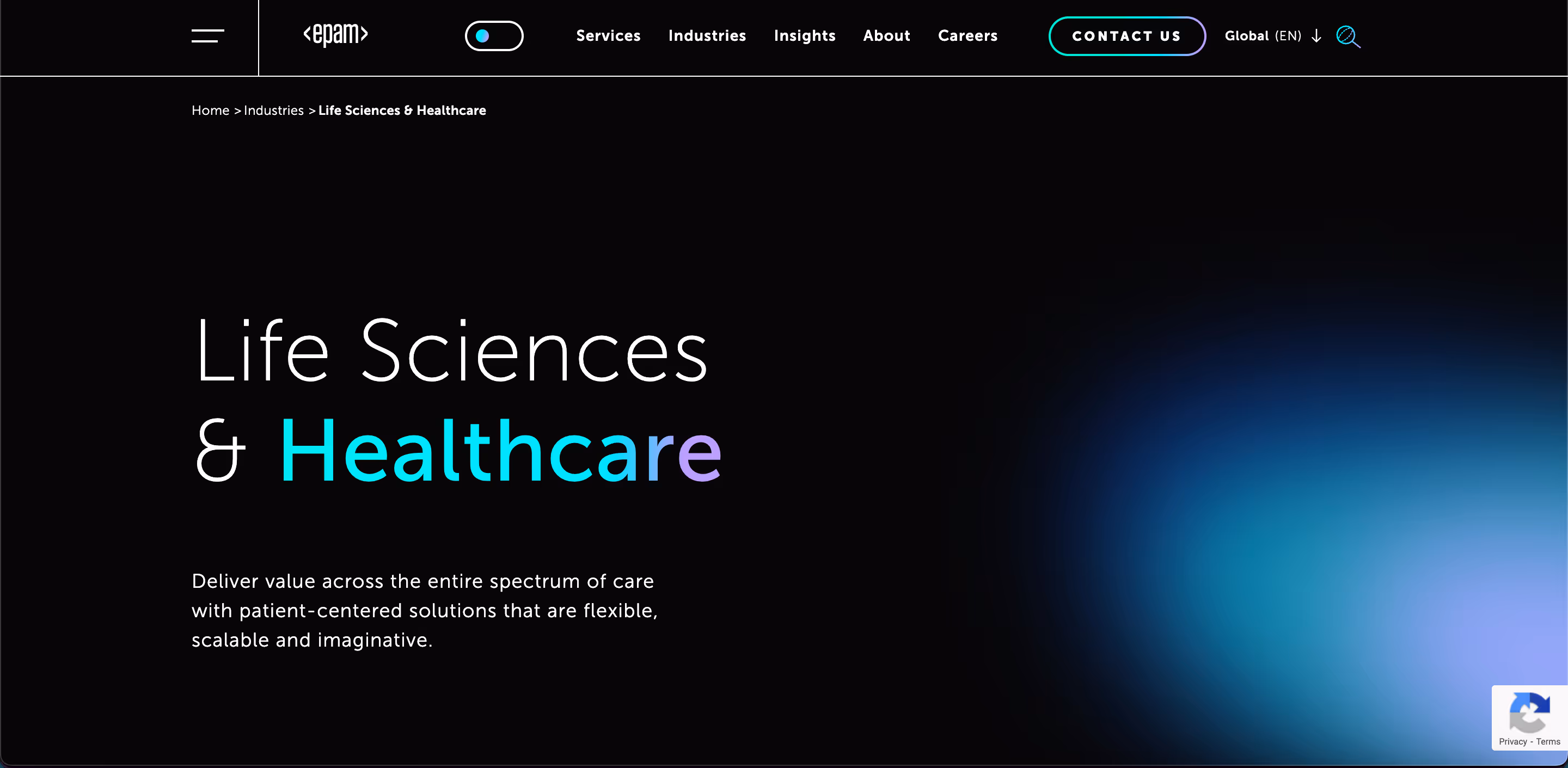 EPAM Life Sciences & Healthcare page outlining platform engineering, interoperability, and AI-enabling data modernization for regulated health environments