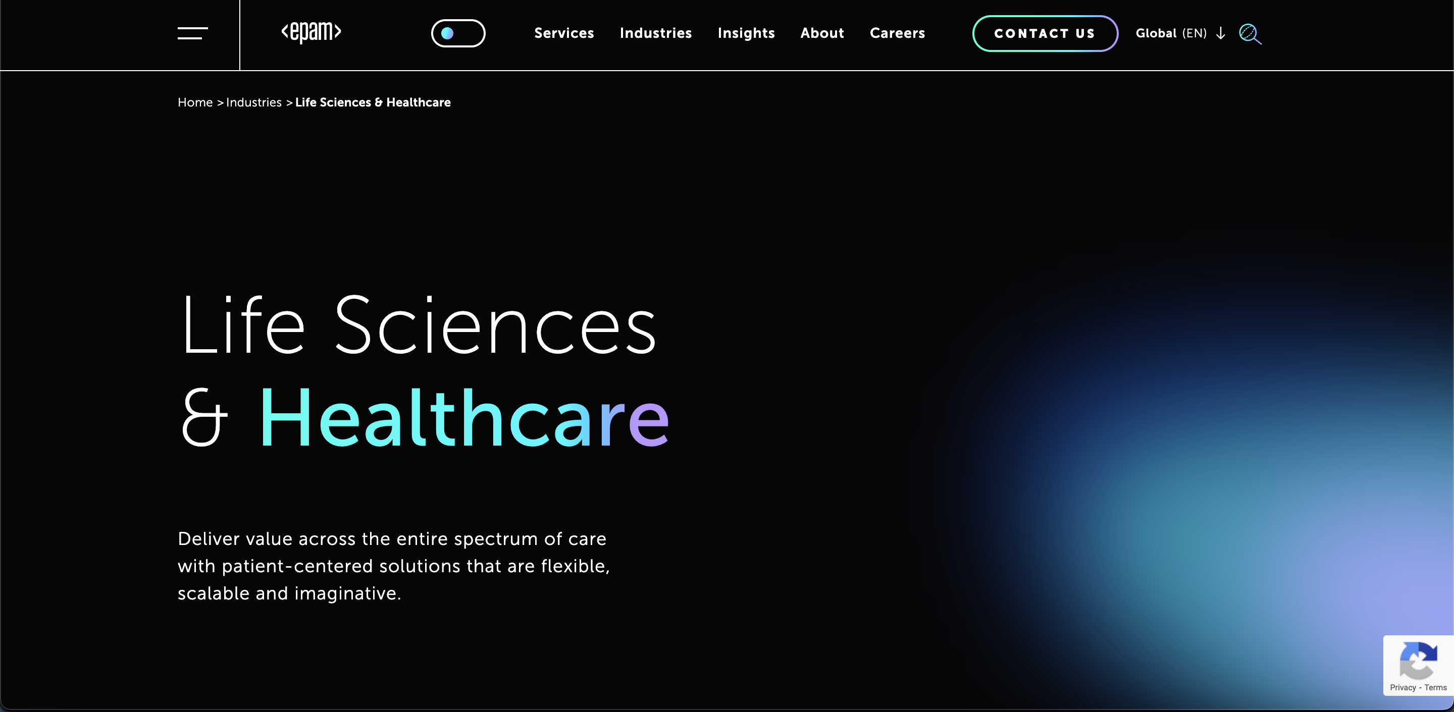 EPAM Life Sciences & Healthcare page outlining platform engineering, interoperability, and AI-enabling data modernization for regulated health environments