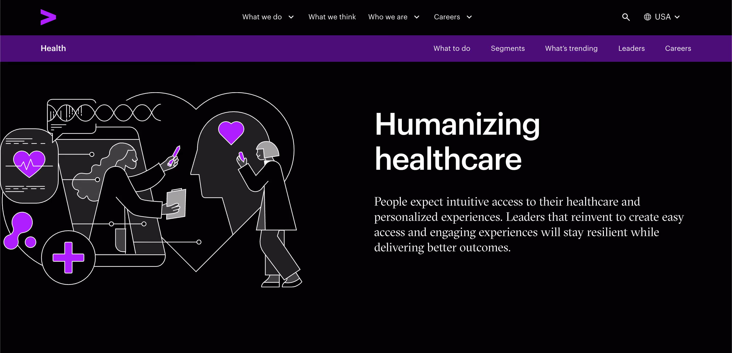 Accenture Health practice page showing healthcare transformation services with AI-driven patient experience and operational intelligence