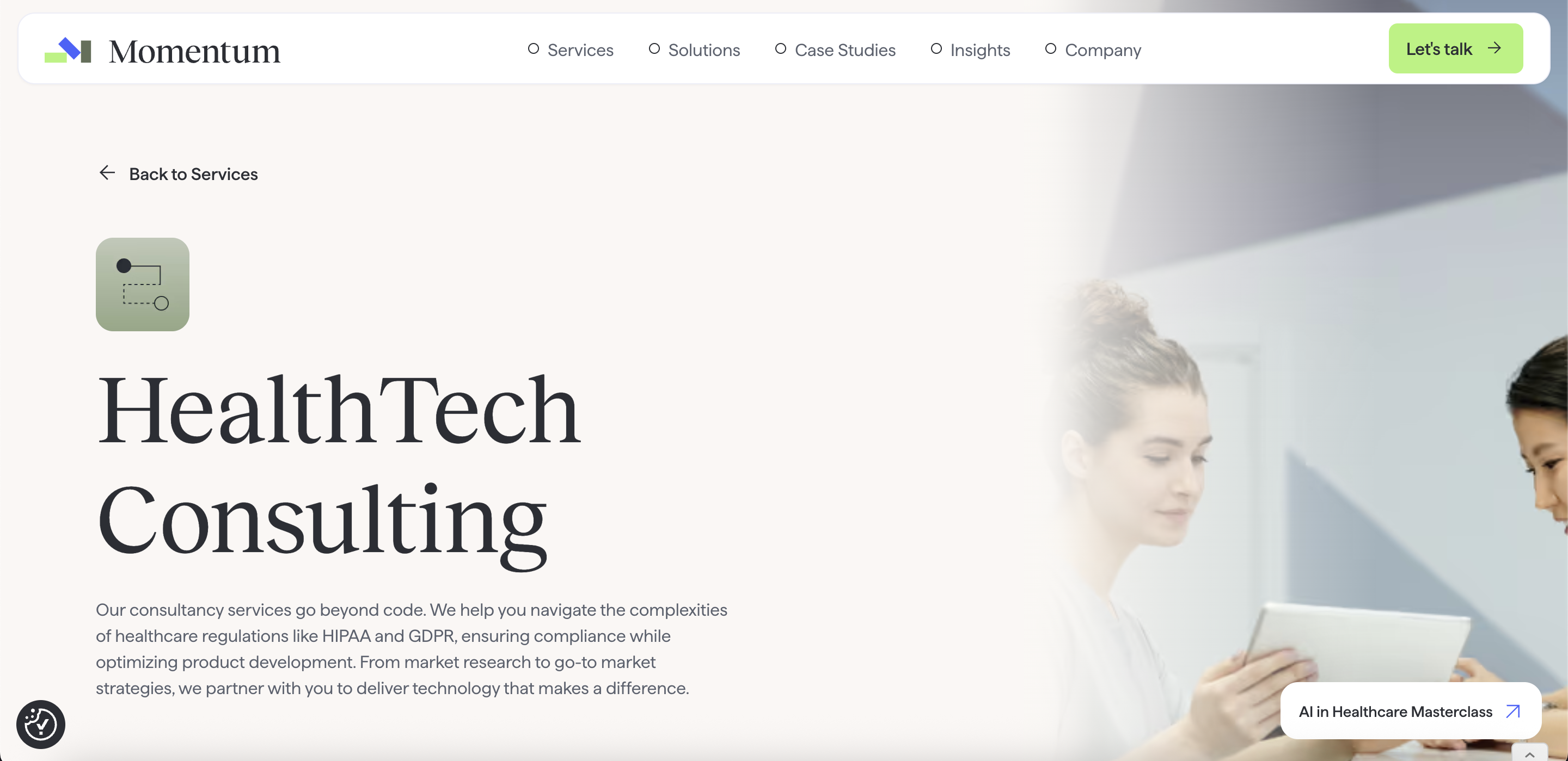 Momentum HealthTech Consulting service page highlighting AI-ready product strategy, HIPAA/GDPR compliance guidance, and interoperability-first implementation.