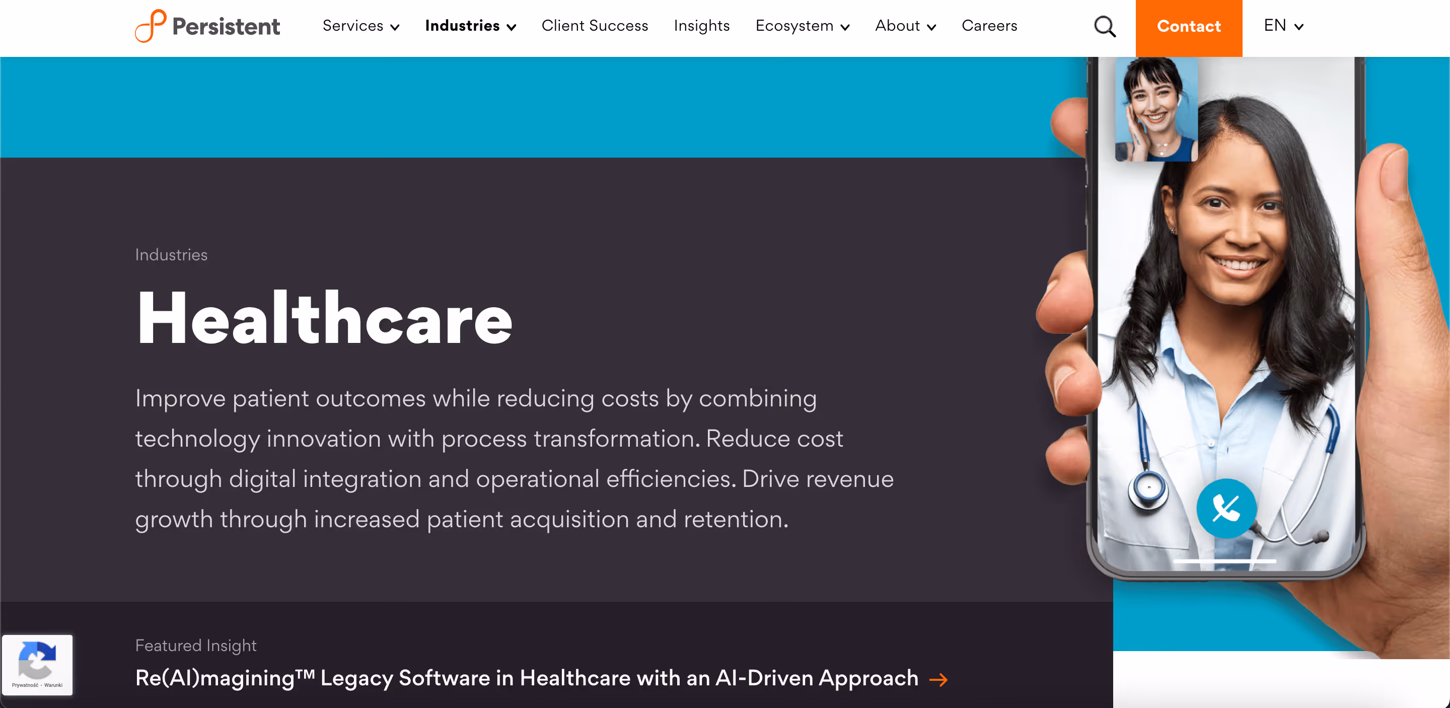 “Persistent Healthcare industry page presenting AI-driven digital integration, process transformation, and technology services for providers and payers.”