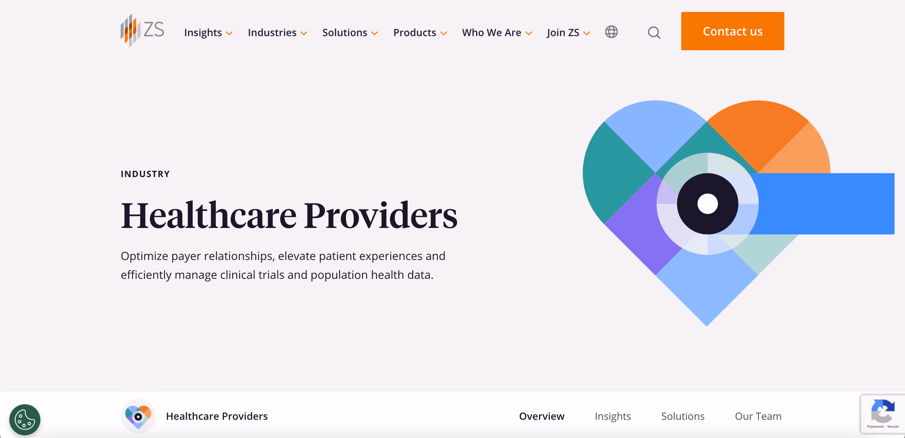 “ZS Healthcare Providers solutions page highlighting AI and analytics for payer relationships, patient experience, and population health data operations.”