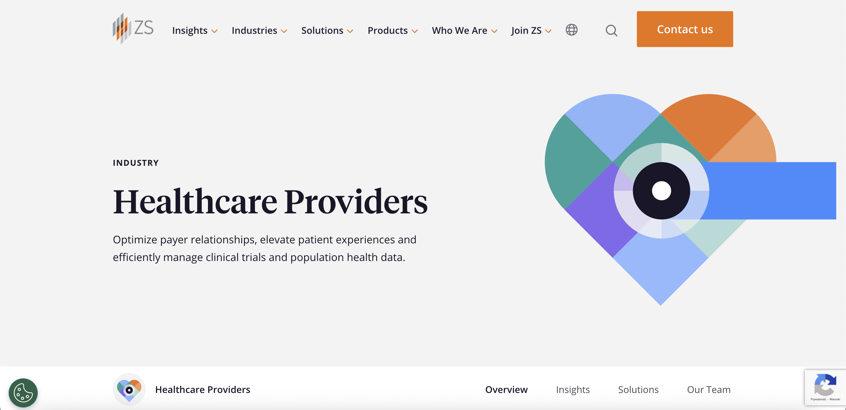 “ZS Healthcare Providers solutions page highlighting AI and analytics for payer relationships, patient experience, and population health data operations.”