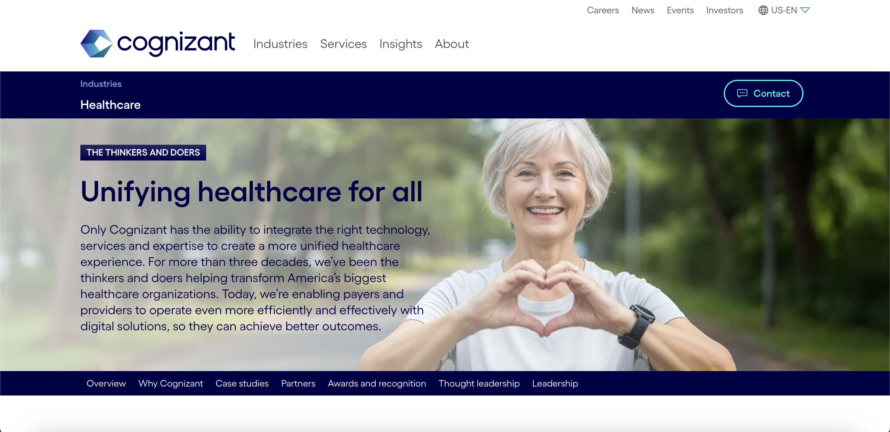 “Cognizant Healthcare industry page outlining services for payers and providers, focused on unified healthcare systems and digital health transformation.”