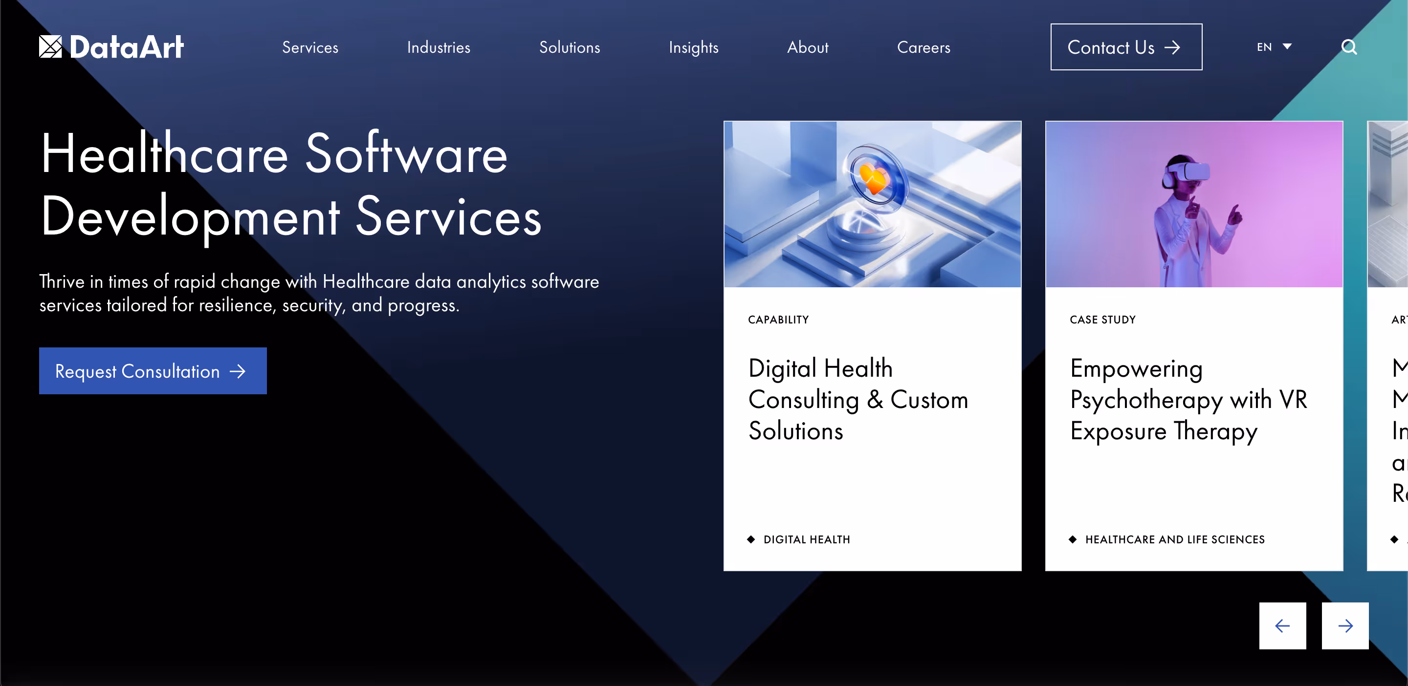 “DataArt Healthcare Software Development Services page describing digital health consulting, healthcare data analytics, and regulated medical software delivery.”