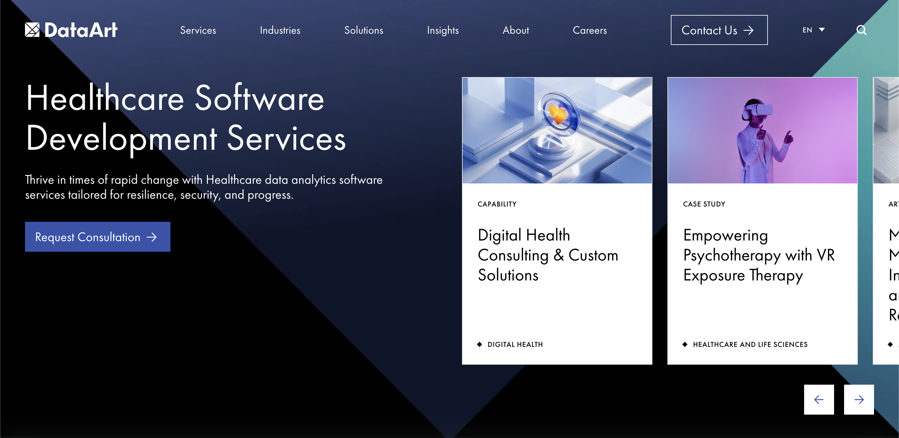 “DataArt Healthcare Software Development Services page describing digital health consulting, healthcare data analytics, and regulated medical software delivery.”