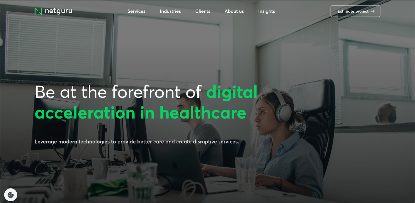 Screenshot of Netguru's healthcare software development page with the headline 'Be at the forefront of digital acceleration in healthcare' showing a developer at work.