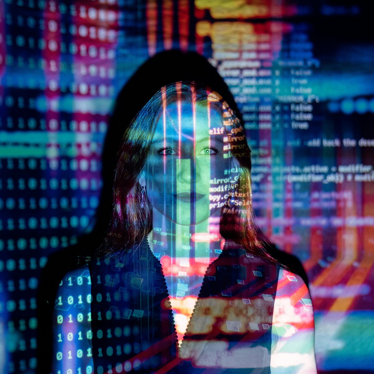 Woman with projected healthcare data and code overlay representing AI integration in medical technology