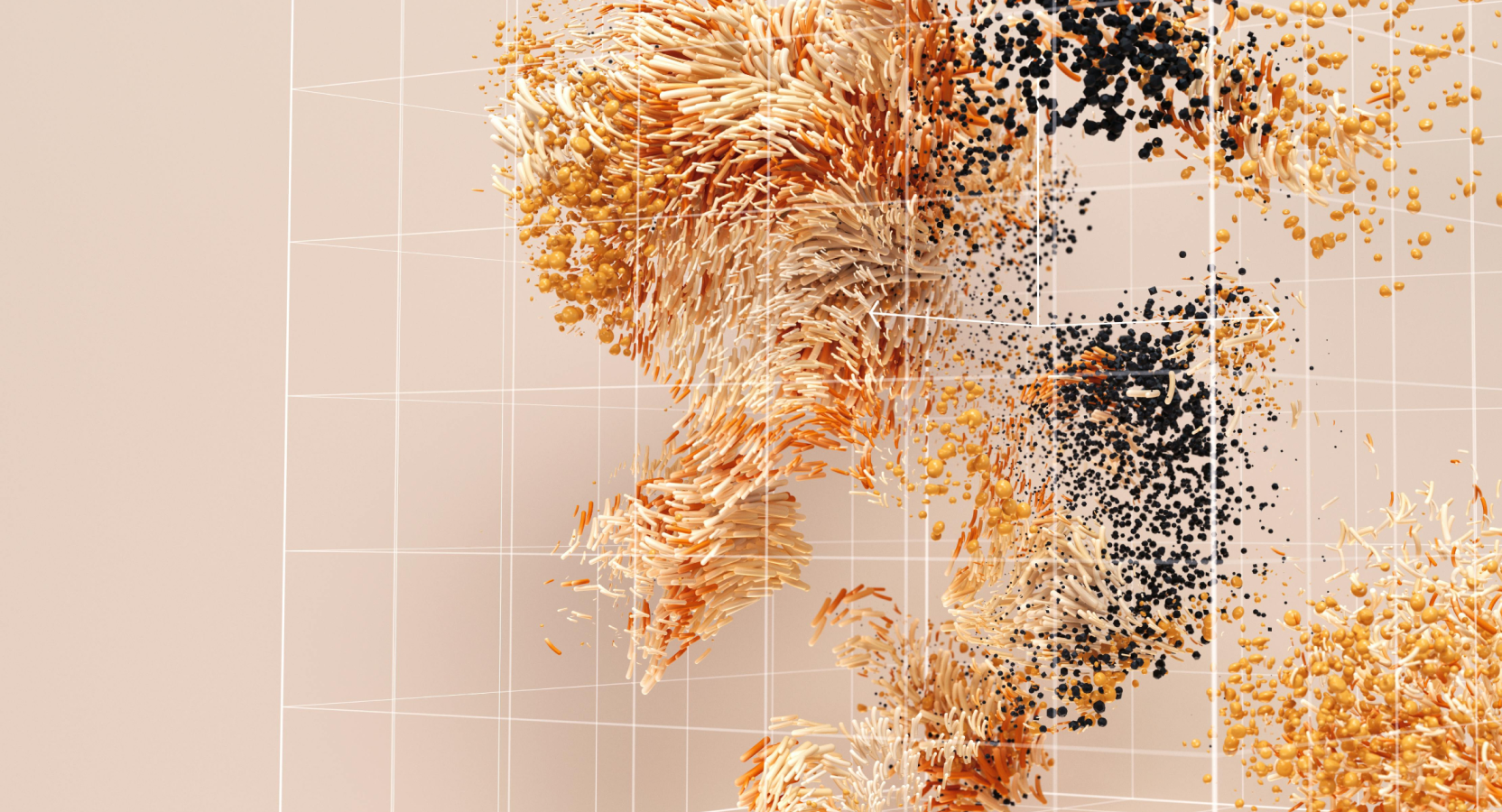 Abstract 3D visualization of orange rod-like particles and black spherical particles flowing through a white grid structure, representing the complex interplay of factors in HealthTech MVP development