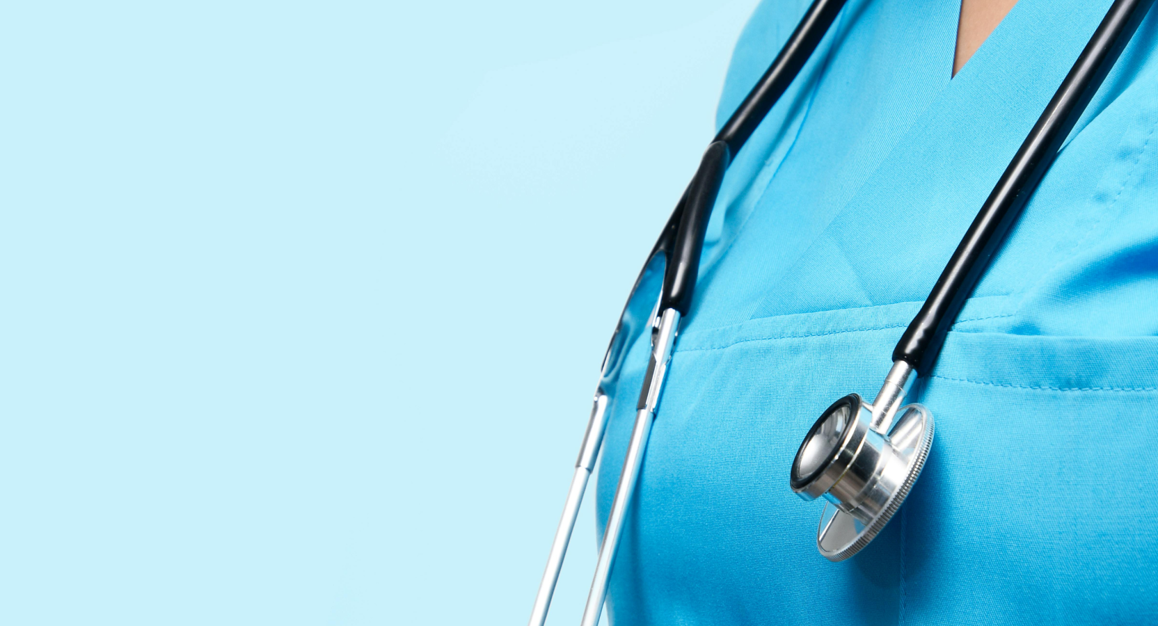Person wearing a blue medical scrub top with a stethoscope around their neck, set against a light blue background
