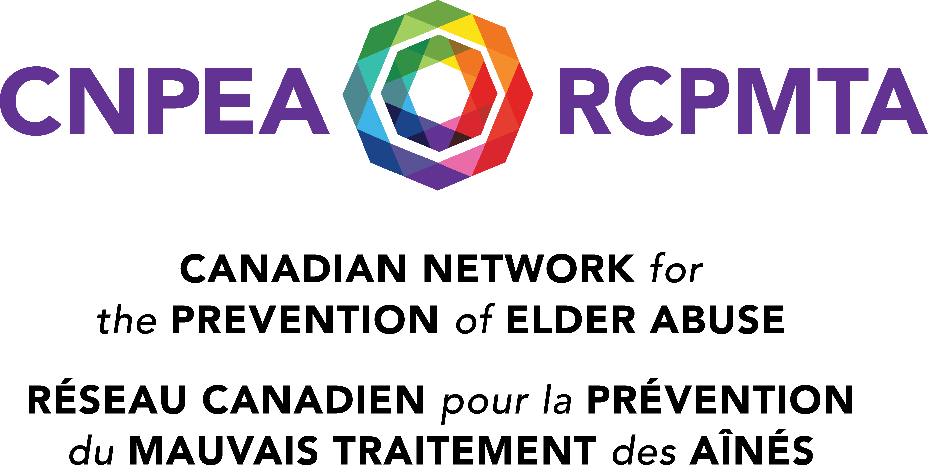 Bilingual logo with acronym CNPEA and RCPMTA in purple letters separated by a multicolored hexagonal geometric design.