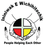 A circular emblem divided into four colored quadrants with black, white, red, and yellow sections, surrounded by an outline of hands and a feather, with the text 'Ininiwak E Wichihitotcik' above and 'People Helping Each Other' below.