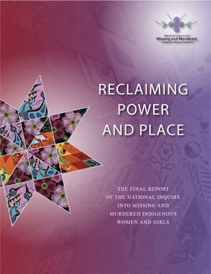 Cover of report titled 'Reclaiming Power and Place' with colorful star design and text about missing and murdered Indigenous women and girls.