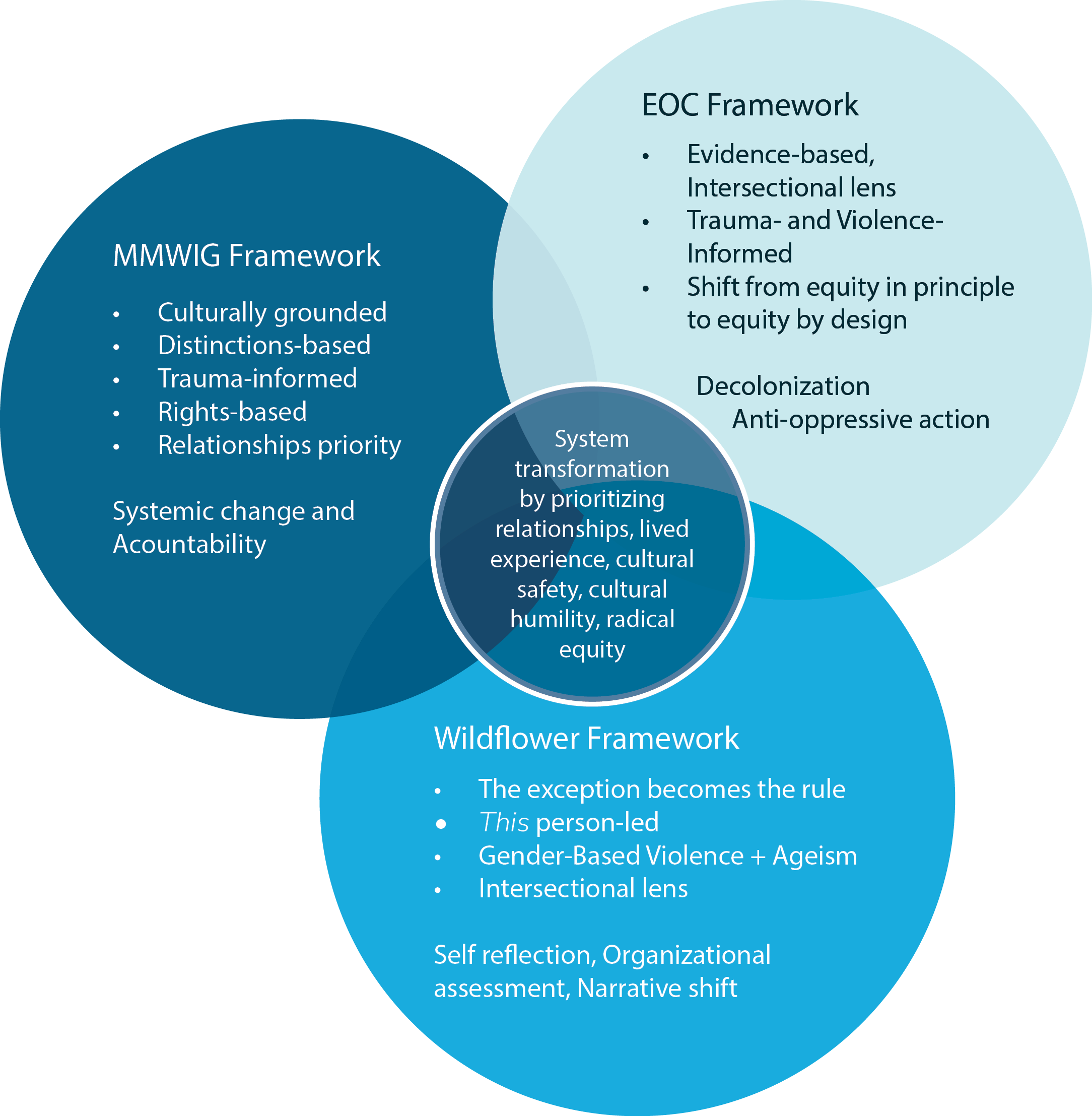 Venn diagram showing overlap of MMWIG, EOC, and Wildflower frameworks with a central circle highlighting system transformation through relationships, cultural safety, humility, and radical equity.