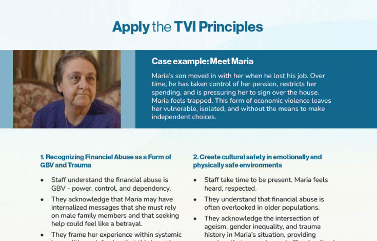 Informational graphic titled 'Apply the TVI Principles' featuring a case example of an older woman named Maria who faces economic abuse by her son, along with guidelines on recognizing financial abuse and creating emotionally and physically safe environments.