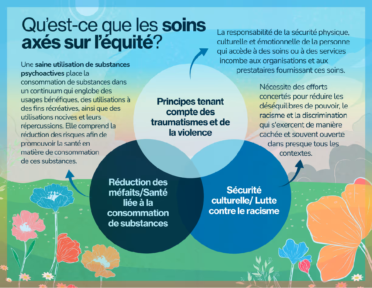 French infographic explaining equity-oriented care with three overlapping circles addressing trauma and violence, substance use harm reduction, and cultural safety/anti-racism, surrounded by floral illustrations.