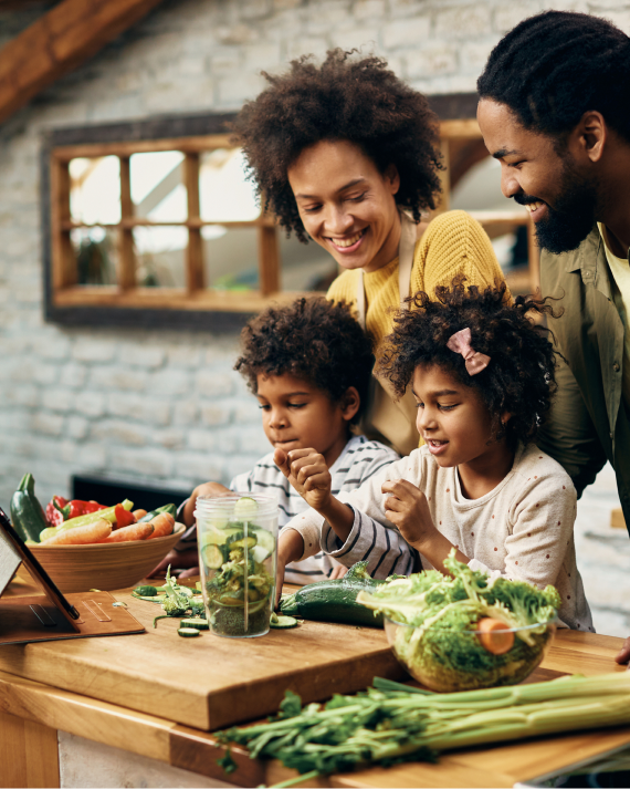 A happy family making lunch