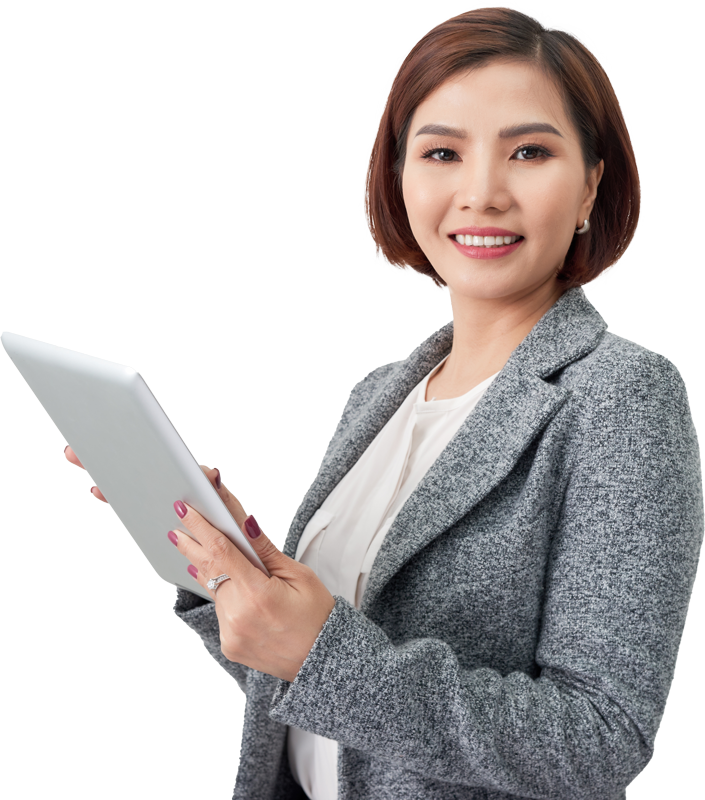 Happy businesswoman holding ipad