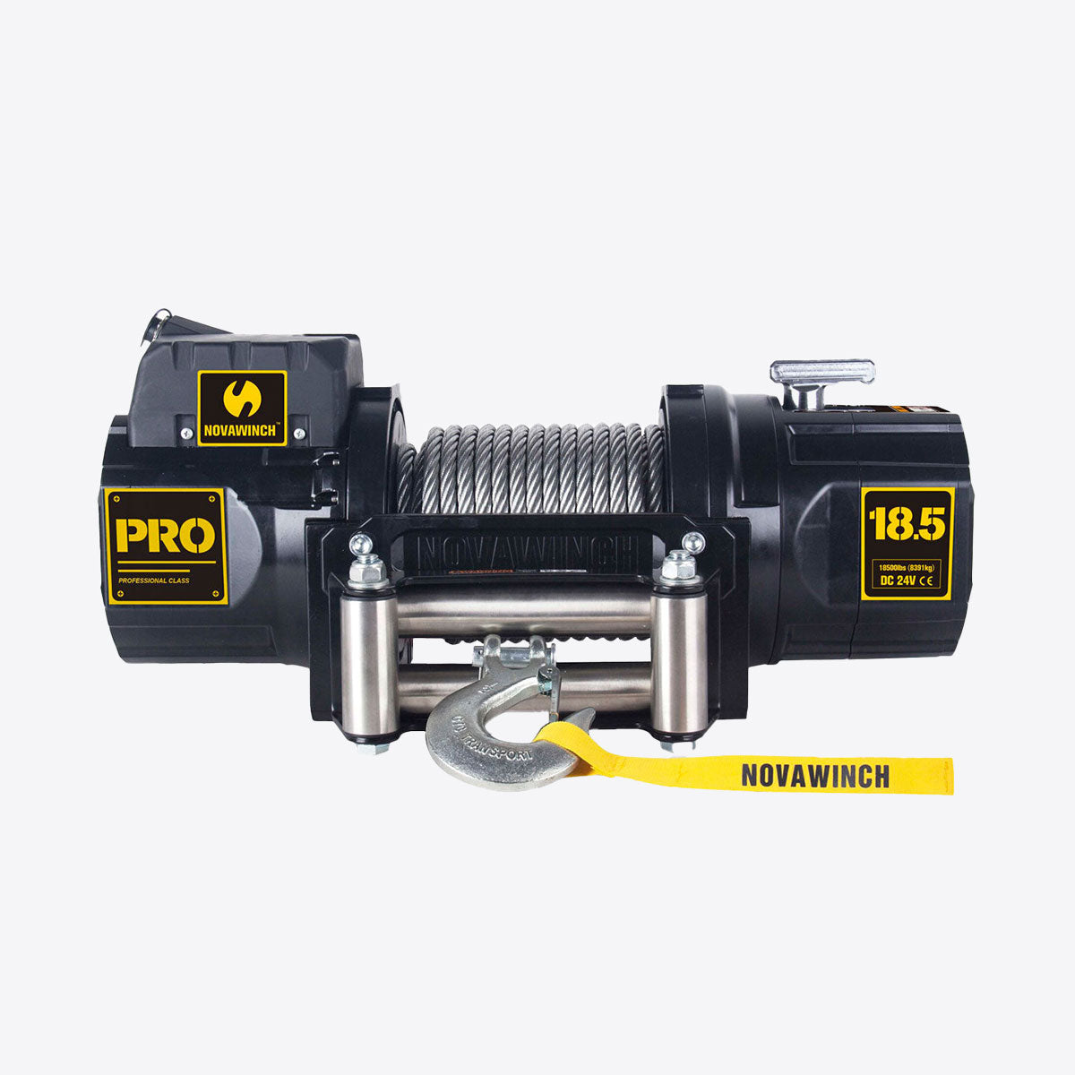 24V 18500lb Electric Winch with Wire Rope, Wired Remote & Roller Tensioner - PRO18500