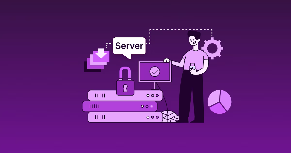 Illustration comparing entitlement, authorization, and provisioning servers with icons for security, servers, and system workflows on a purple background. 