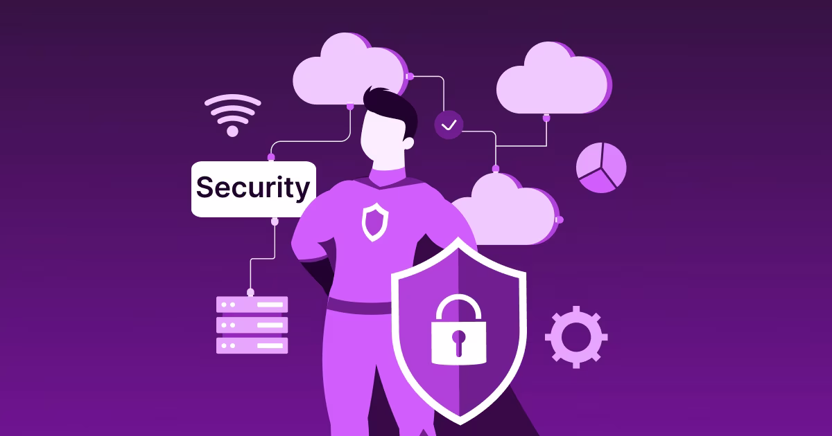 Illustration of a security superhero protecting cloud systems and subscriber data, representing secure entitlement servers that prevent fraud and protect privacy in telecom networks.