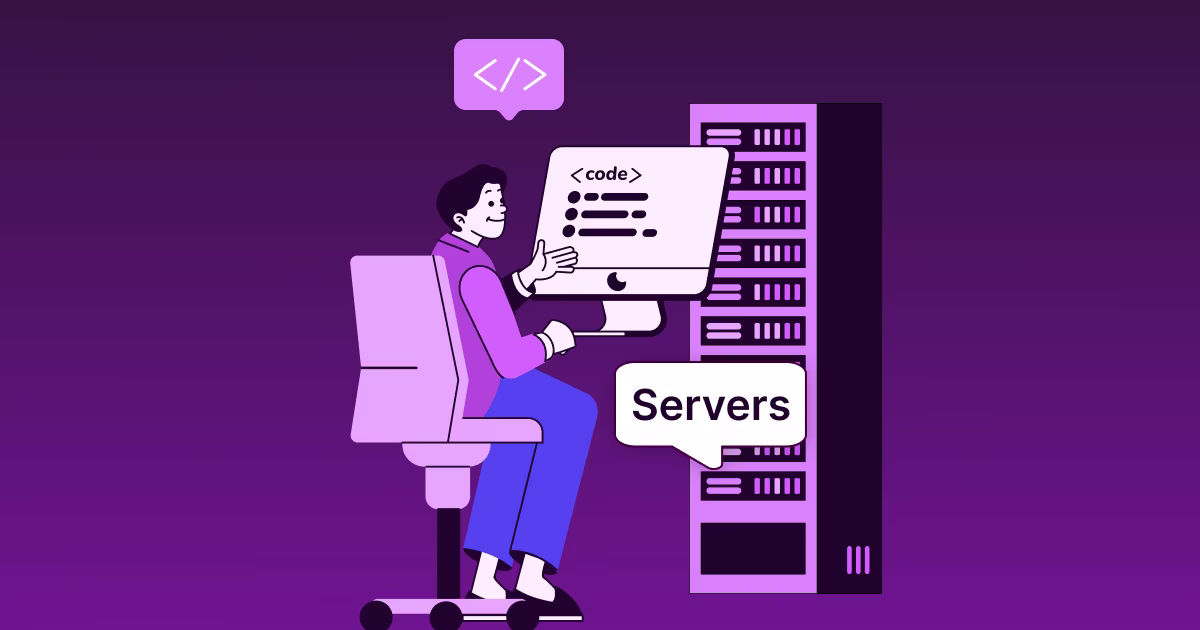 Illustration of a developer working on a computer connected to servers, representing cloud, on-premise, hybrid, and multi-tenant deployment models for service entitlement servers – U2opia Mobile blog