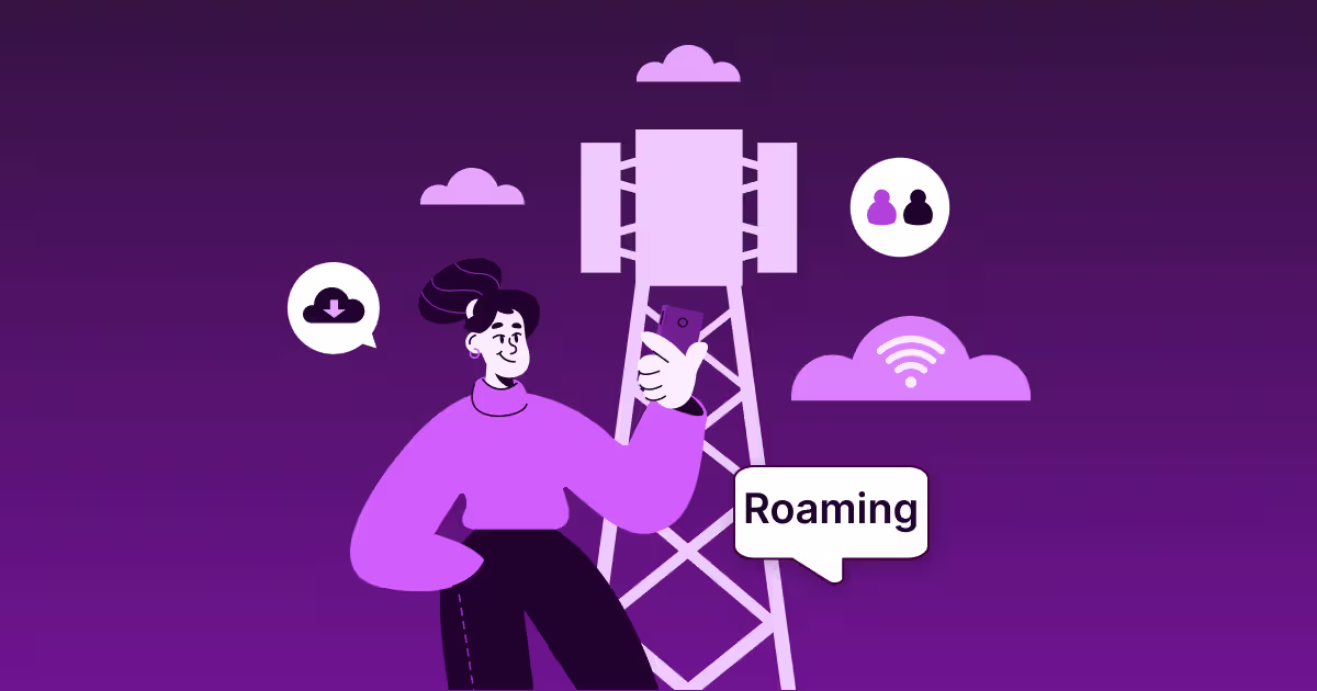 Illustration of a user using a mobile phone near a telecom tower with roaming icons, representing how roaming impacts TS.43 entitlement flows and mobile services abroad.