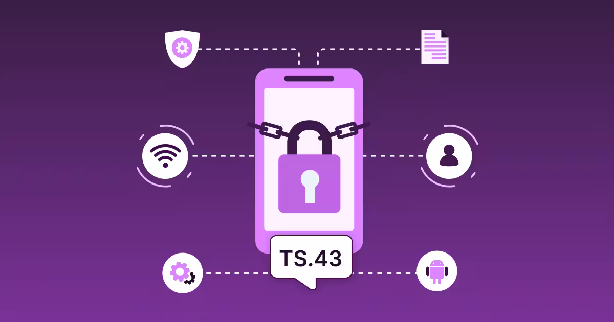 graphic explaining TS.43 Authentication: How Entitlement Servers Authenticate Devices Silently, featuring secure lock icon, smartphone, WiFi signal, user profile, and Android logo on left panel