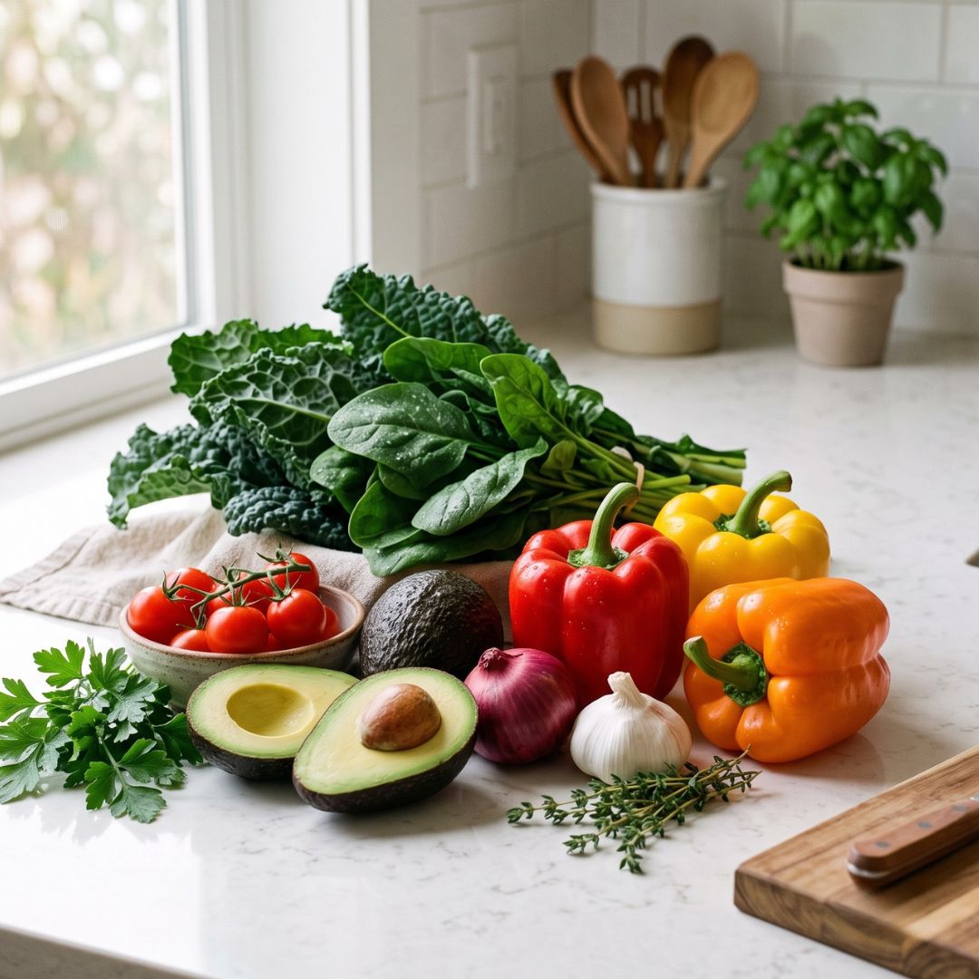 A beautifully composed, photorealistic square shot of vibrant, fresh whole foods, including avocados, leafy greens, and bell peppers, arranged neatly on a clean kitchen counter.
