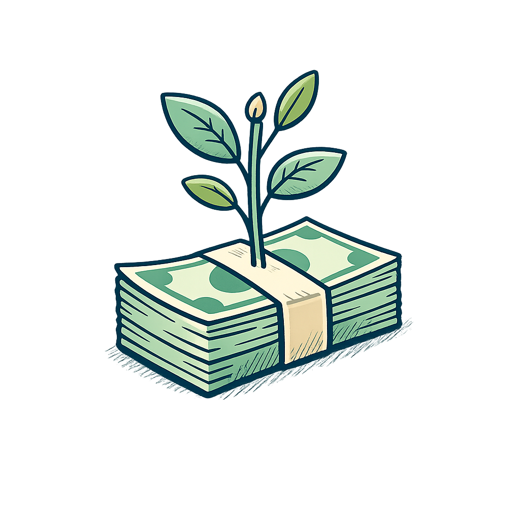 Money growing out of a stack of cash