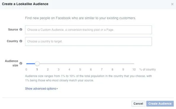 Facebook Ads - Lookalike Audience interface