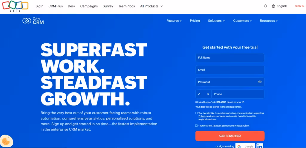 Successful SaaS Landing Page Examples - Zoho CRM