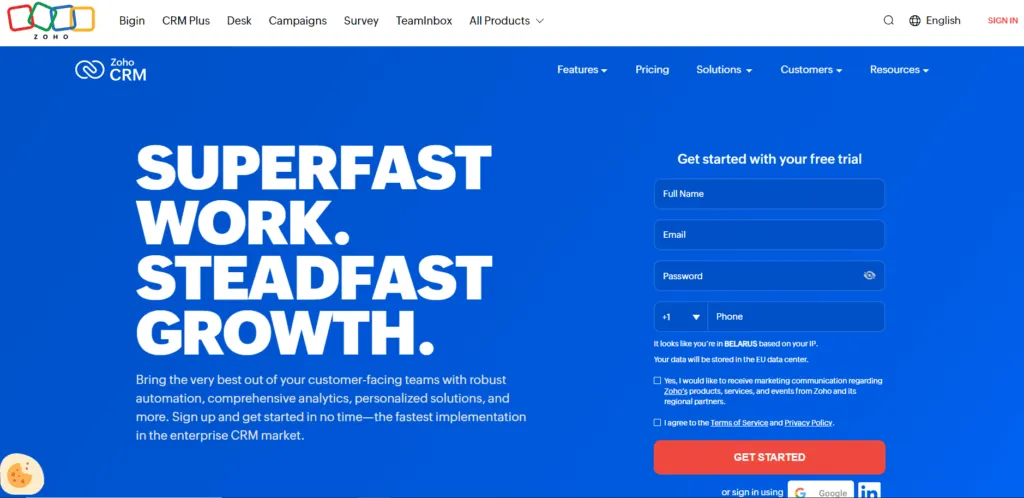 Successful SaaS Landing Page Examples - Zoho CRM