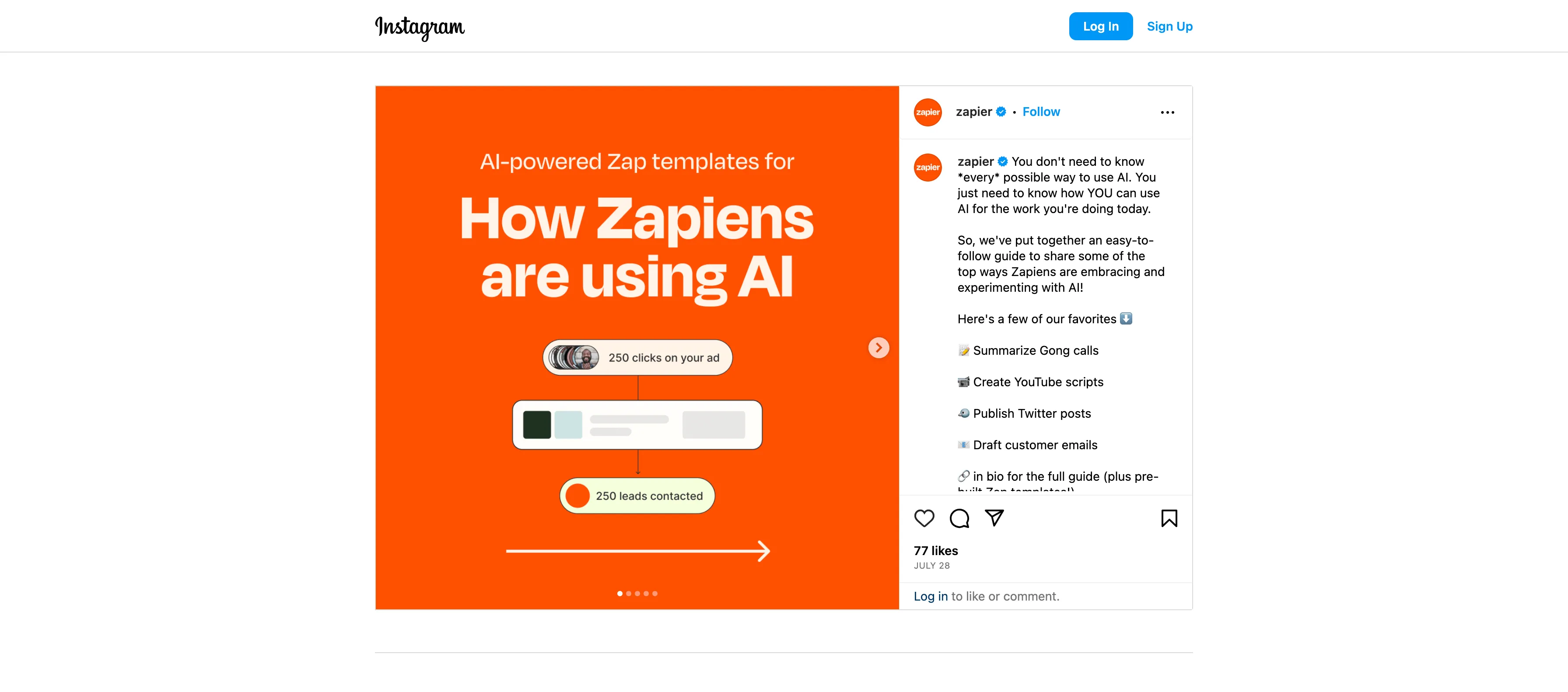 Zapier successful Instagram page