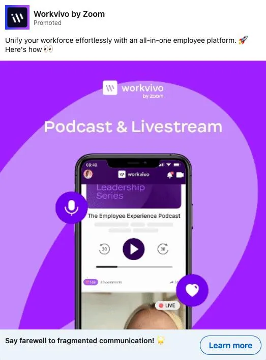 Workvivo by Zoom LinkedIn Ad Best LinkedIn Ads Examples (Single Image, Carousel, Video, and More)