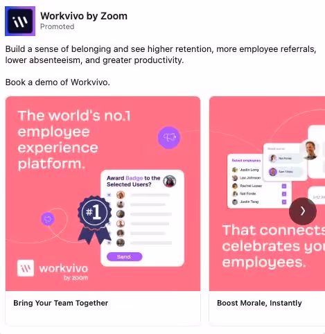 Workvivo by Zoom Best LinkedIn Ads Examples (Single Image, Carousel, Video, and More)