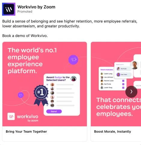 Workvivo by Zoom Best LinkedIn Ads Examples (Single Image, Carousel, Video, and More)