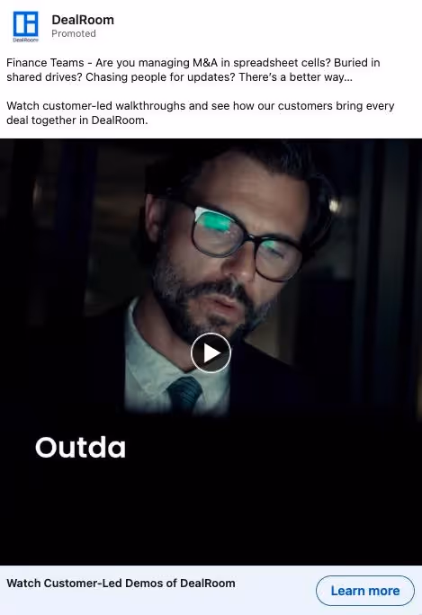 DealRoom LinkedIn Ad Best LinkedIn Ads Examples (Single Image, Carousel, Video, and More)