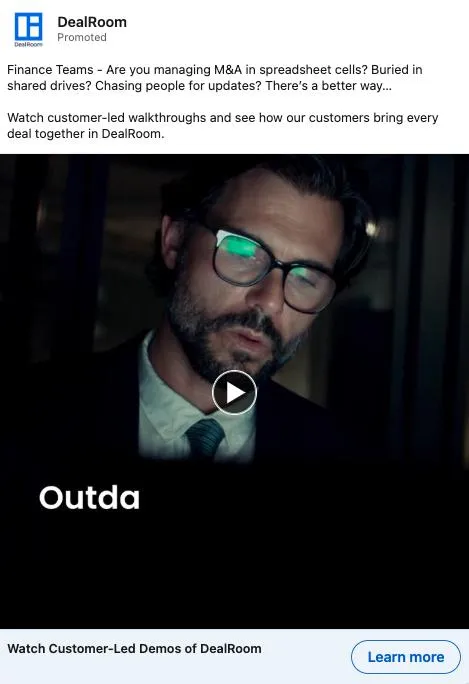 DealRoom LinkedIn Ad Best LinkedIn Ads Examples (Single Image, Carousel, Video, and More)