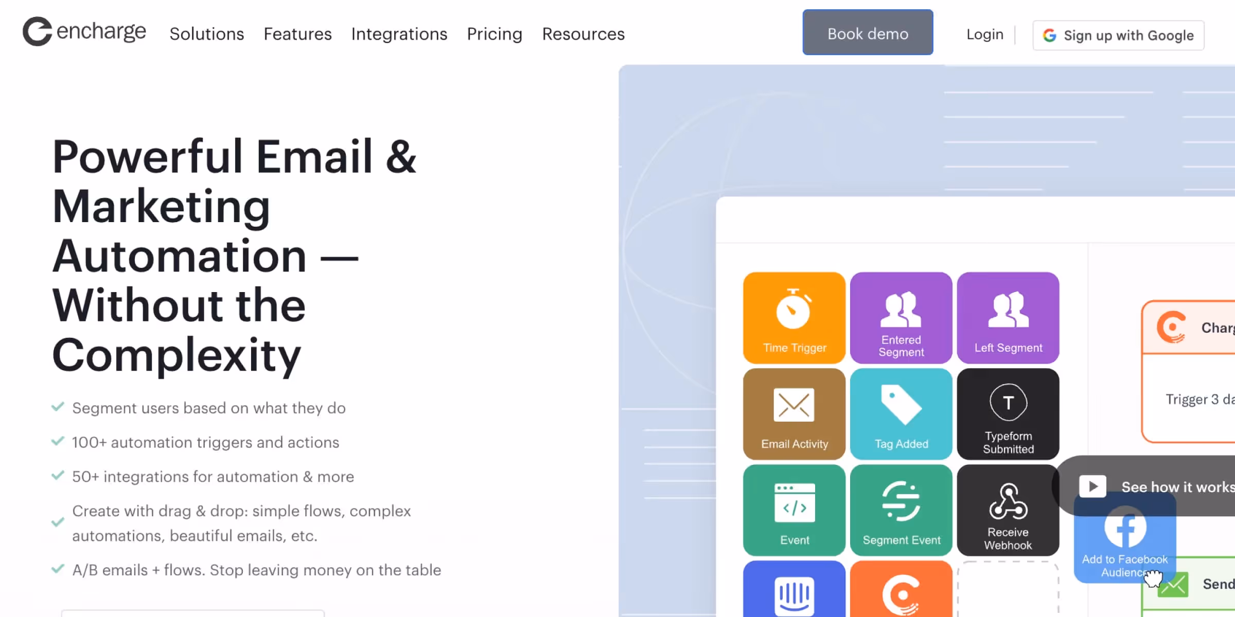 Screenshot of Encharge’s homepage showing its email and marketing automation features, including drag-and-drop workflows, segmentation triggers, integrations, and user automation blocks.
