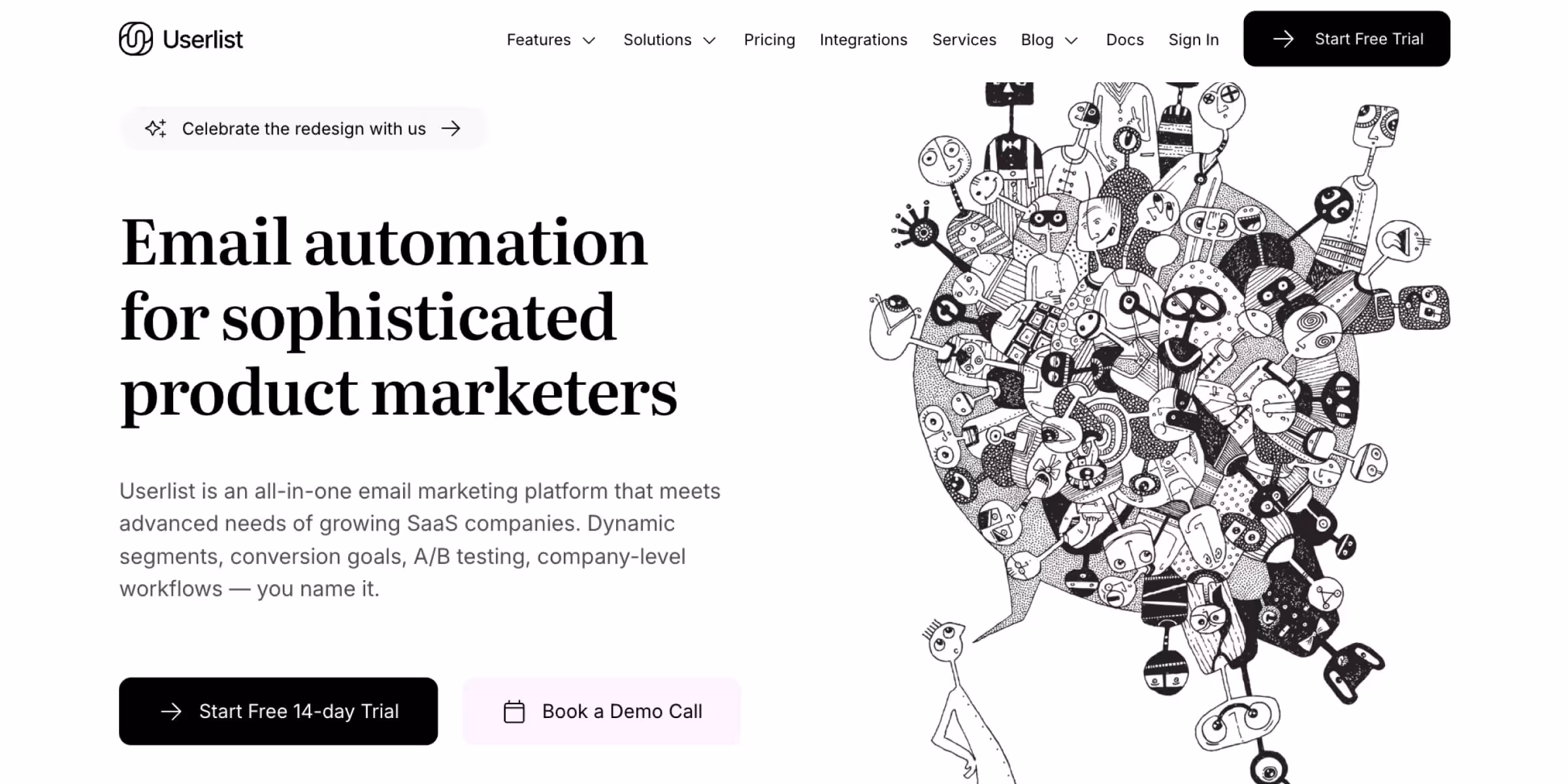 Screenshot of Userlist’s homepage promoting email automation for SaaS product marketers, featuring headline text, platform description, call-to-action buttons, and an abstract black-and-white illustration of stylized characters.