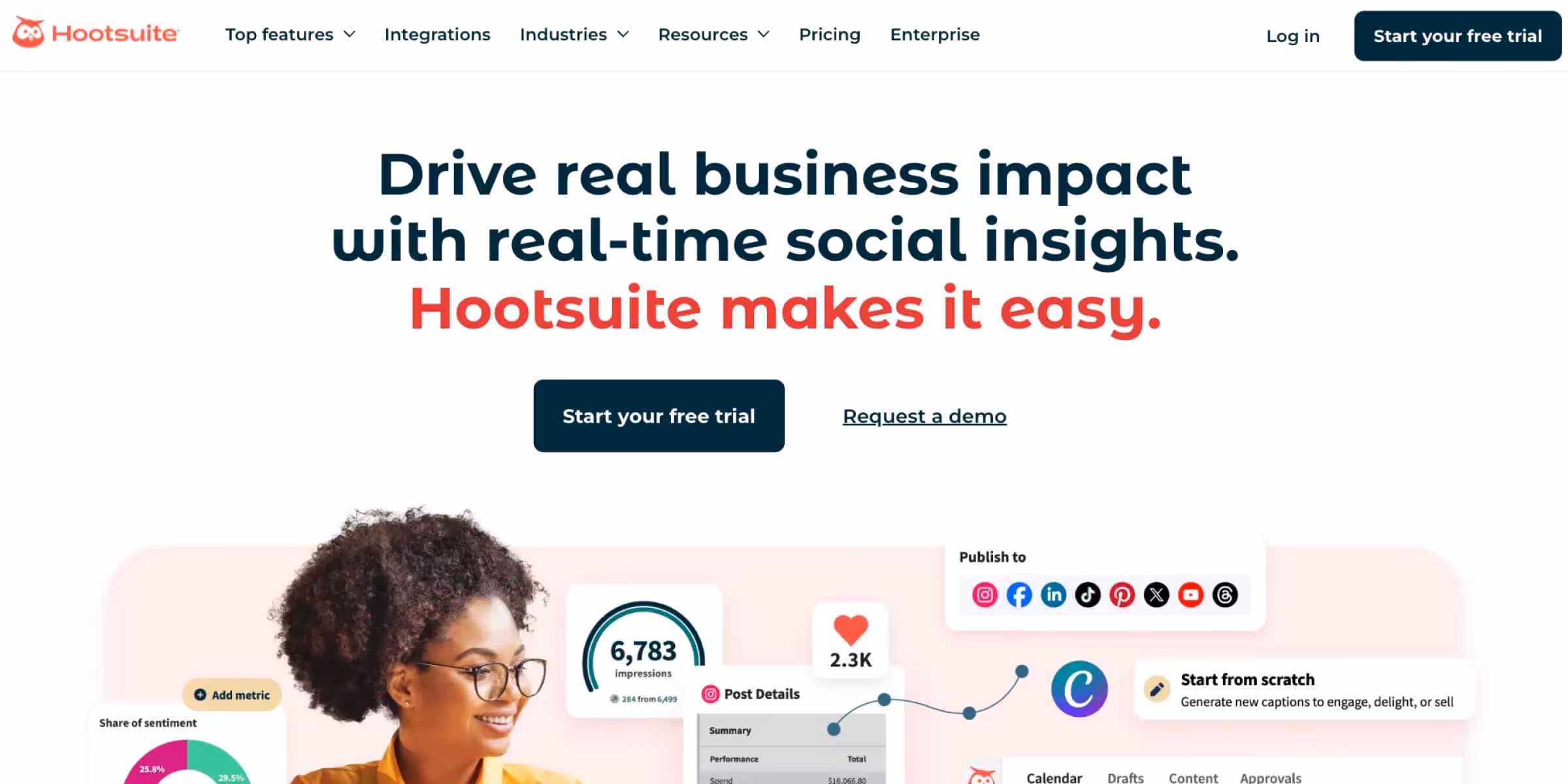 Screenshot of Hootsuite’s homepage promoting real-time social media insights, featuring the headline “Drive real business impact,” call-to-action buttons, and preview cards showing social metrics, publishing platforms, and content creation tools.