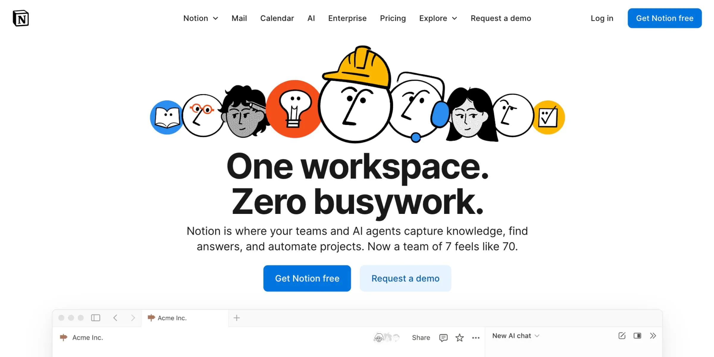 Screenshot of Notion’s homepage promoting its all-in-one workspace with the headline “One workspace. Zero busywork,” featuring illustrated faces, product description, and call-to-action buttons for free access and demo.
