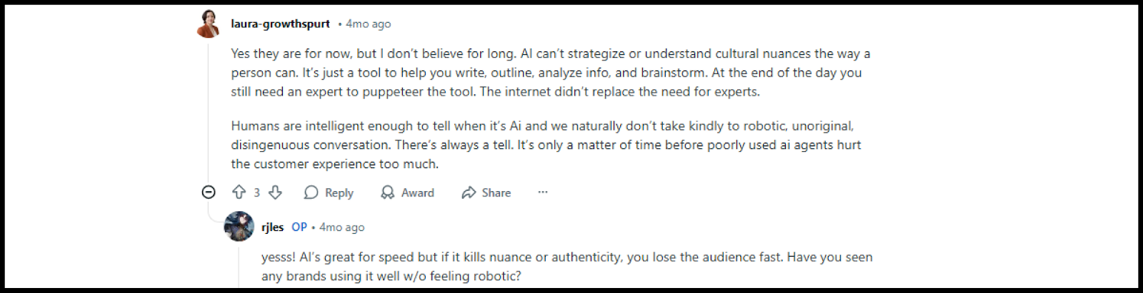 A Reddit discussion sparked by the question: “Are AI agents really replacing marketers?”