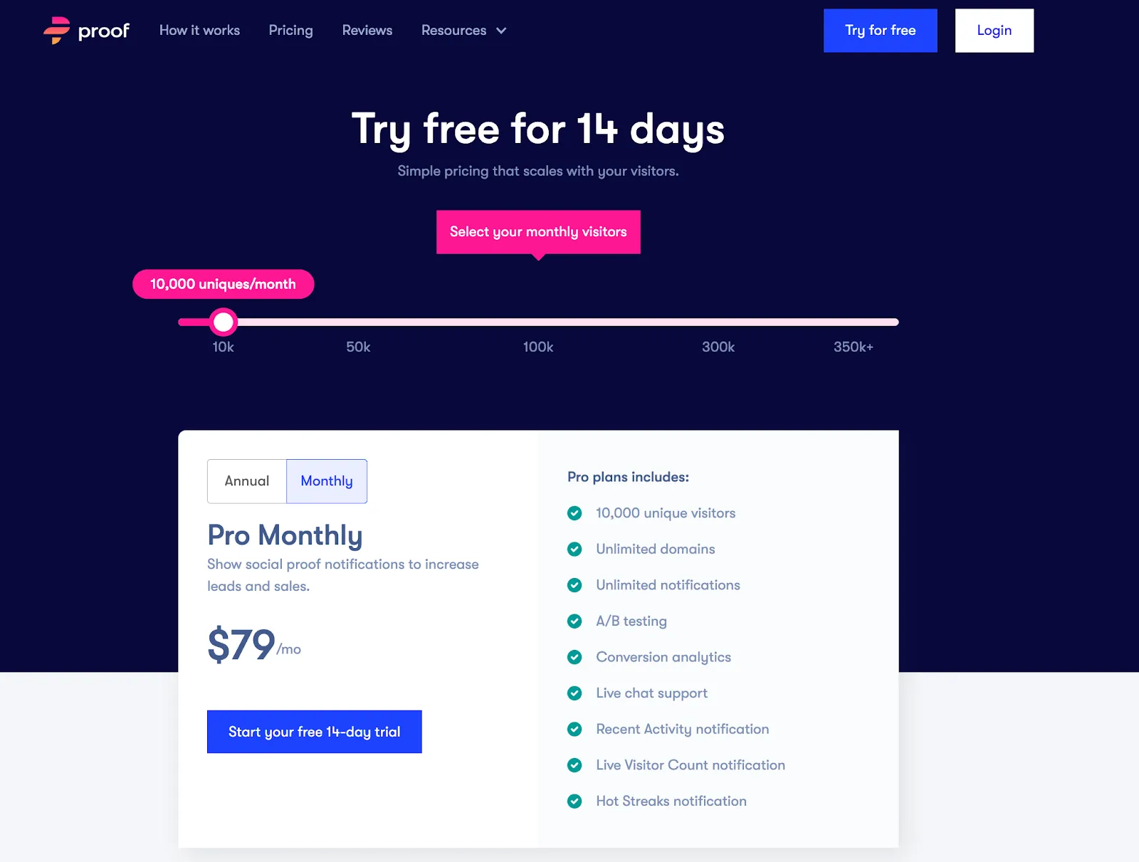 UseProof pricing page screenshot