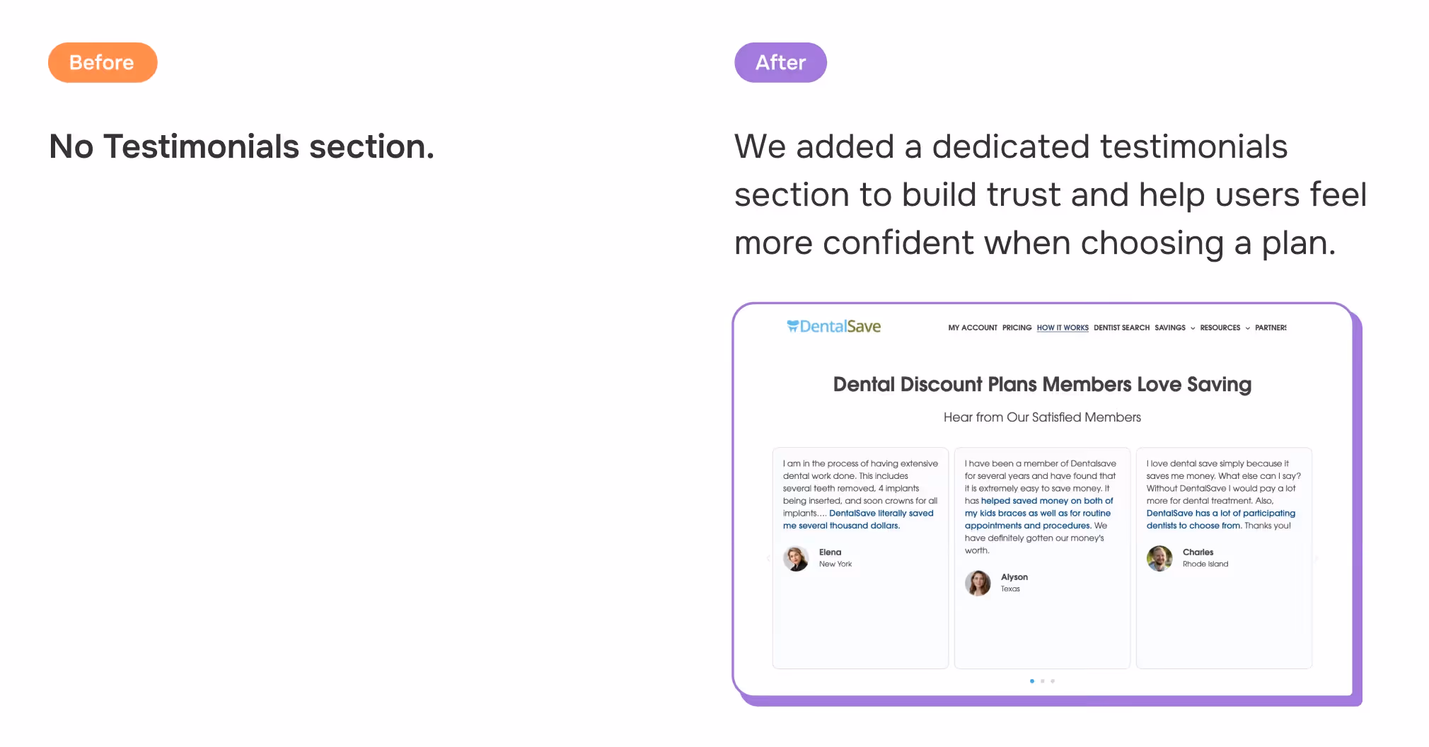 DentalSave Case Study: Testimonials Section