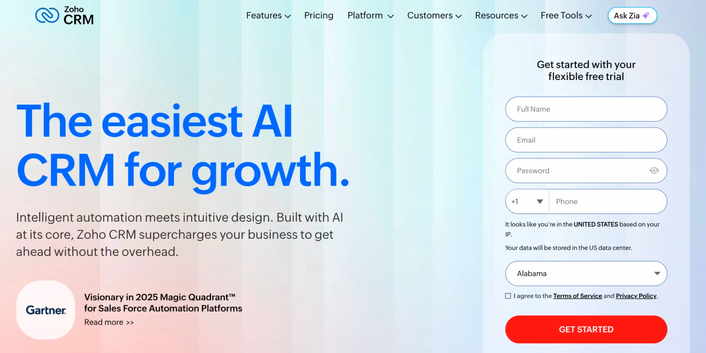 Zoho CRM homepage
