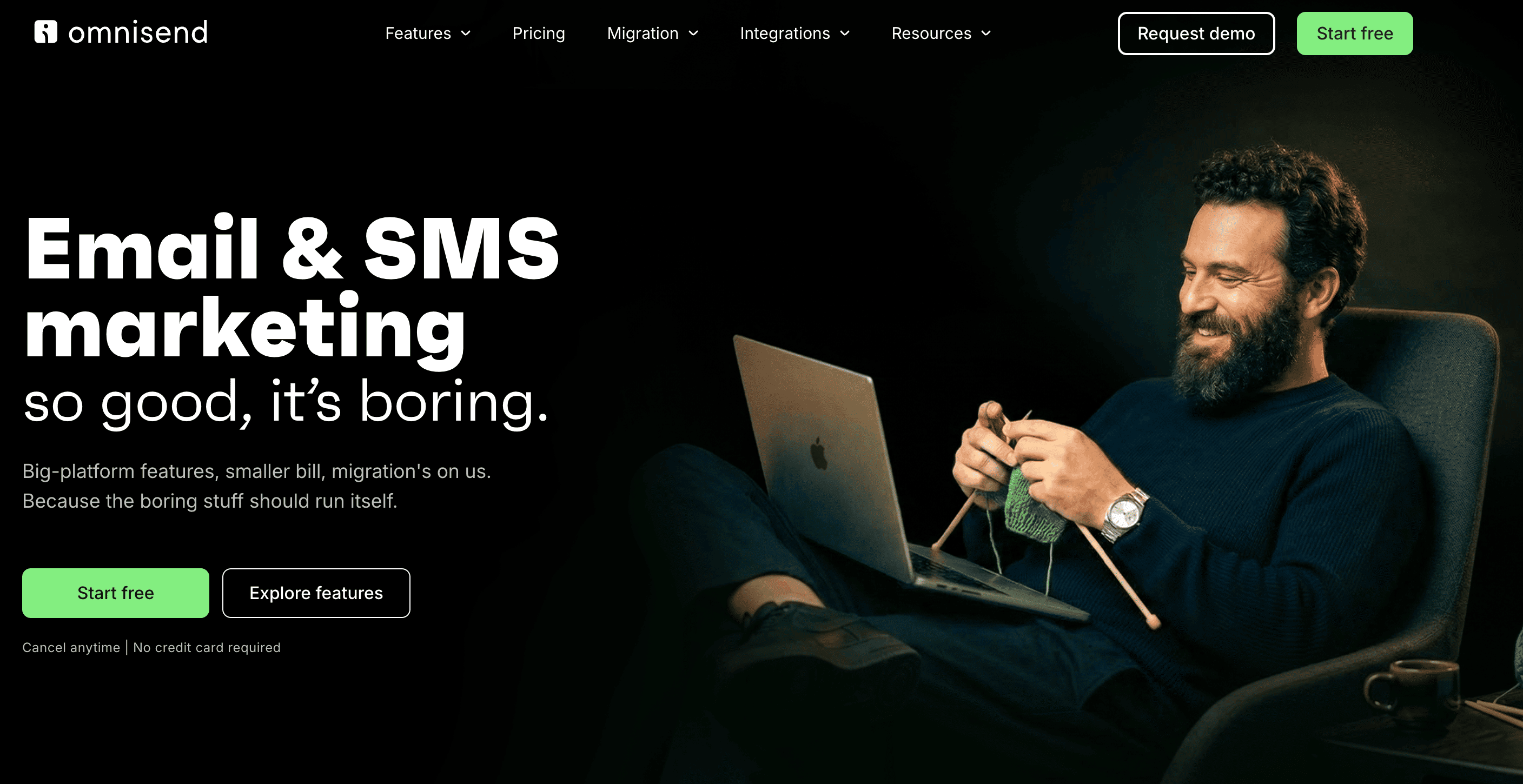 Screenshot of Omnisend’s homepage with the headline “Email & SMS marketing"