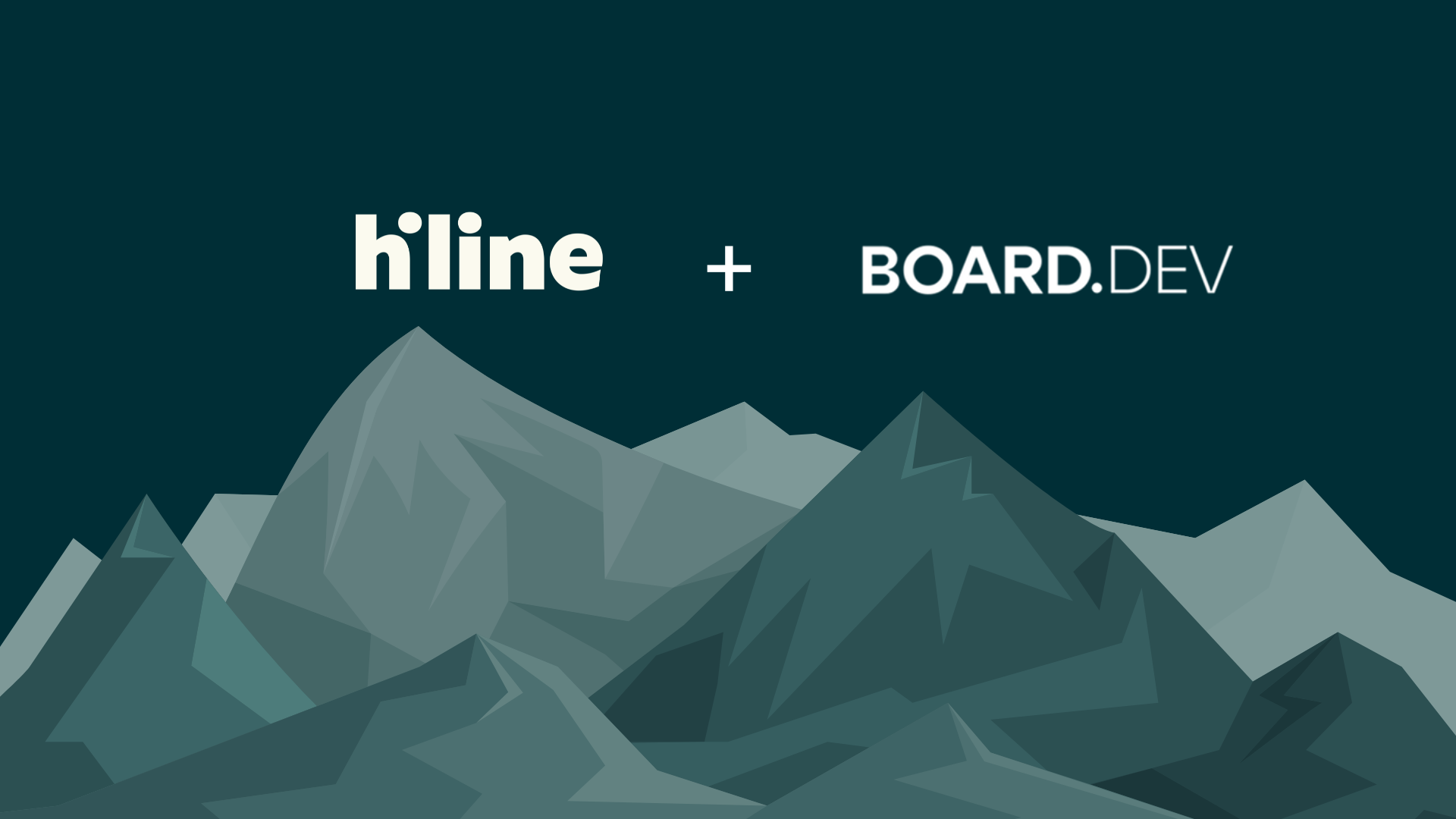 Hiline and Board.dev logos on winter mountain scape