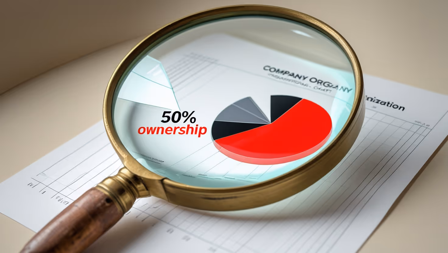 Flowchart of corporate ownership chains with magnifying glass highlighting 50% ownership threshold.